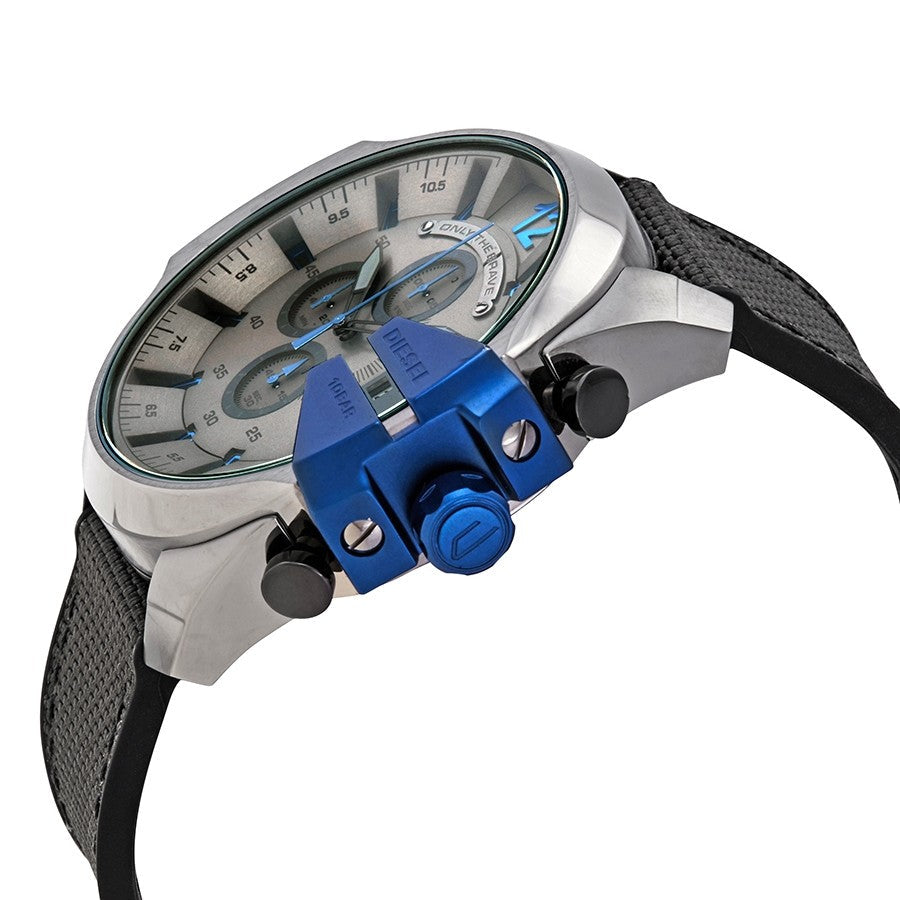 Side angle view of Diesel Mega Chief DZ4500 showing blue chronograph pushers and grey fabric strap