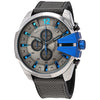 Diesel Mega Chief DZ4500 watch with grey dial, blue chronograph pushers, and grey fabric strap