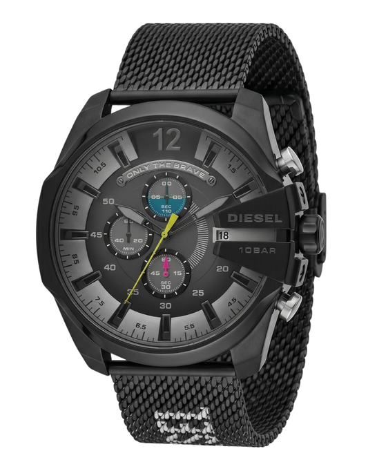 Diesel Mega Chief chronograph watch with black dial and mesh strap
