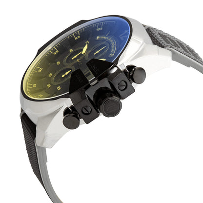 Diesel Mega Chief DZ4523 side angle view showing chronograph pushers and textile strap