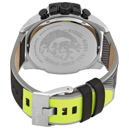 Diesel Mega Chief DZ4523 caseback with engraved logo and neon yellow textile strap detail