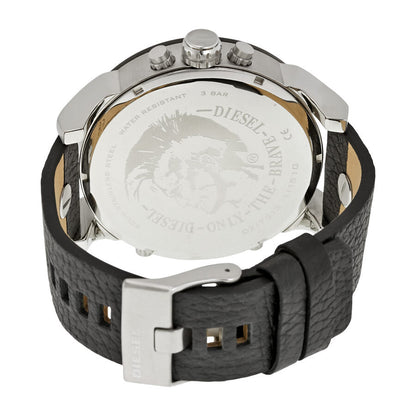 Diesel Mr. Daddy 2.0 case back showing engraved DIESEL branding and black leather strap