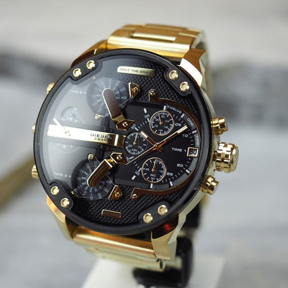 Diesel Mr. Daddy 2.0 angle view showing black dial with gold chronograph hands and subdials