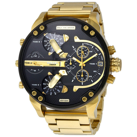 Diesel Mr. Daddy 2.0 chronograph watch with black dial and gold-tone case and bracelet