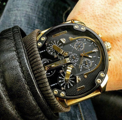Diesel Mr. Daddy 2.0 worn on wrist displaying black chronograph dial with gold subdials