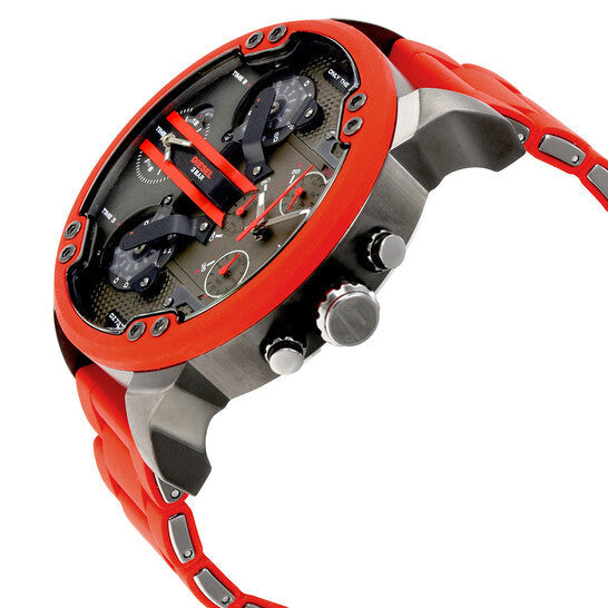 Angled view of Diesel Mr. Daddy 2.0 chronograph with exposed red silicone strap