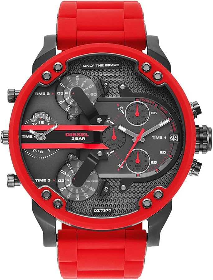 Diesel Mr. Daddy 2.0 chronograph watch with gunmetal dial and red silicone strap