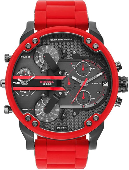 Diesel Mr. Daddy 2.0 chronograph watch with gunmetal dial and red silicone strap