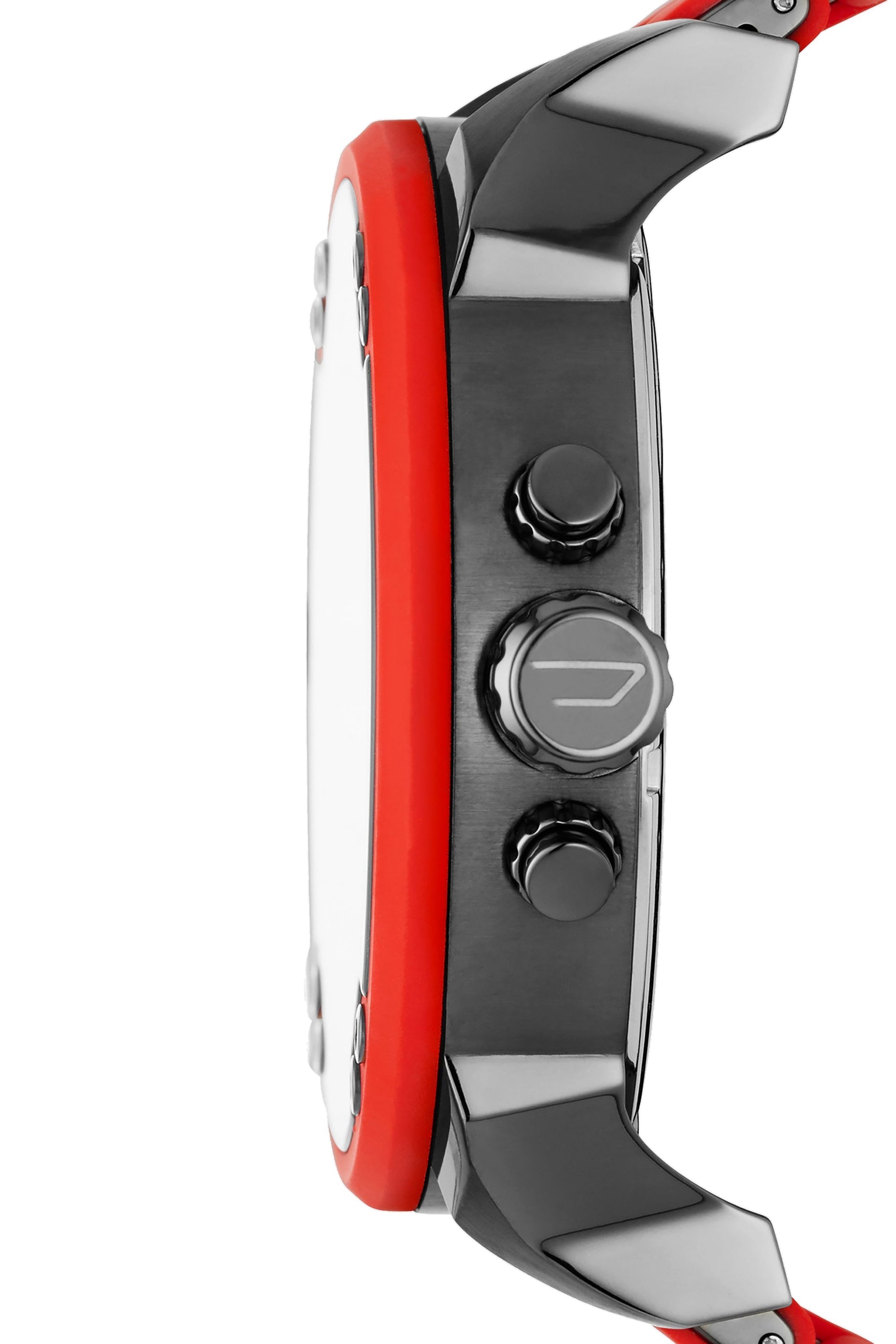 Side profile of Diesel Mr. Daddy 2.0 watch showing red strap and metal case