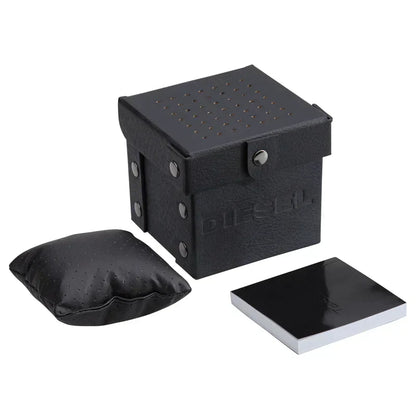 Diesel Mr. Daddy 2.0 watch packaging showing black branded box, pillow, and presentation materials