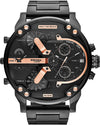 Diesel Mr Daddy chronograph watch with black dial, rose gold hands, and four time zone subdials