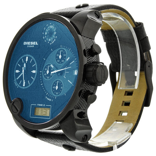 Diesel SBA watch angled view showing blue dial, black case, and tan/olive leather strap interior