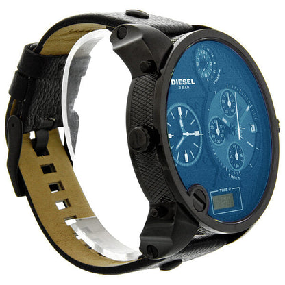 Diesel SBA chronograph watch worn on wrist showing blue dial with chronograph subdials and tan strap