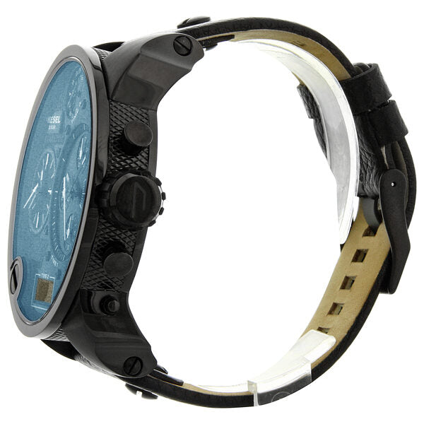 Diesel SBA watch side view displaying black case and tan leather strap with white accents