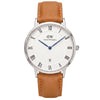 Daniel Wellington Dapper Durham 38mm silver watch with white dial, Roman numerals, brown leather strap