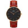 Daniel Wellington St. Mawes 28mm watch with black dial, rose gold case, and red leather strap