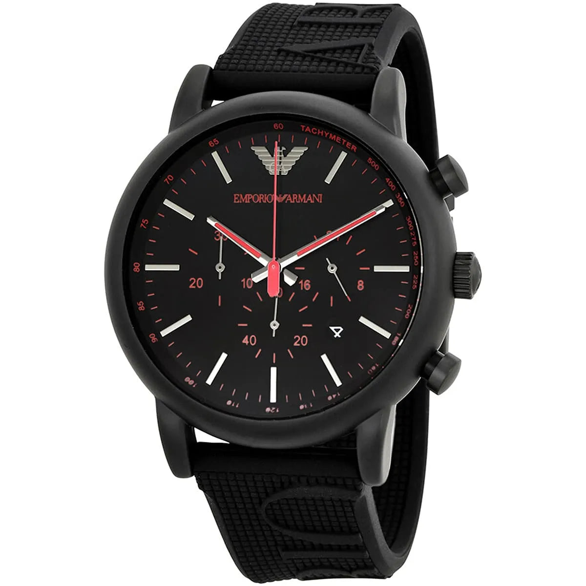 Emporio Armani AR11024 watch at three-quarter angle showing black case, dial, and rubber strap