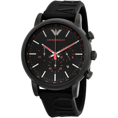 Emporio Armani AR11024 watch at three-quarter angle showing black case, dial, and rubber strap