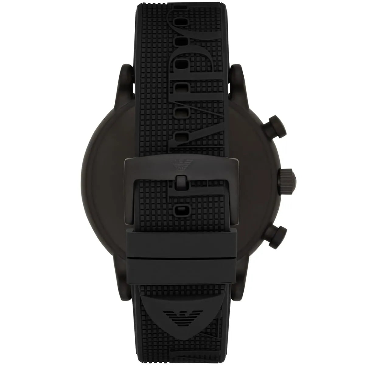 Emporio Armani AR11024 watch caseback showing black screw-down case and rubber strap