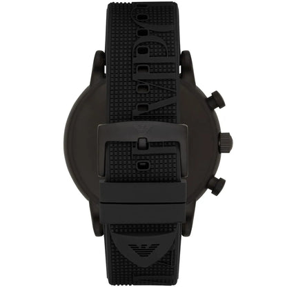 Emporio Armani AR11024 watch caseback showing black screw-down case and rubber strap