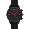 Emporio Armani AR11024 black chronograph watch with red hands and accents on black dial