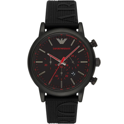 Emporio Armani AR11024 black chronograph watch with red hands and accents on black dial