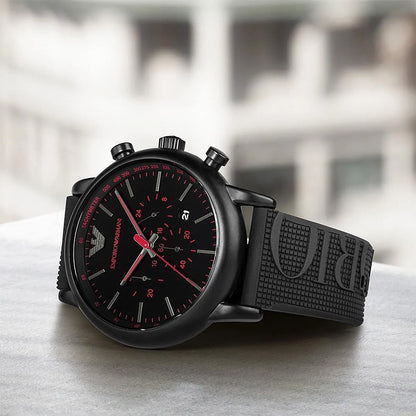 Emporio Armani AR11024 black watch displayed on-wrist showing dial and rubber strap
