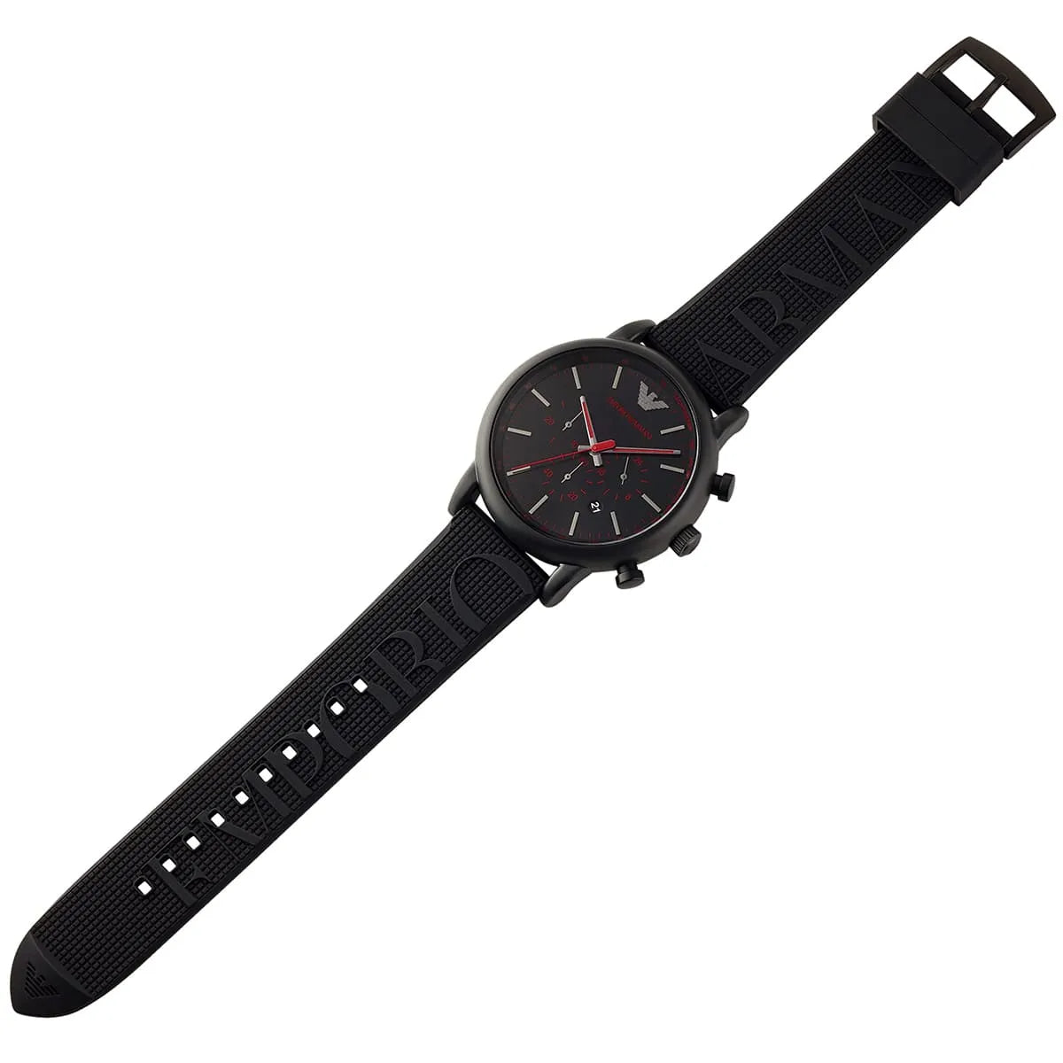 Emporio Armani AR11024 black chronograph watch worn on wrist with black rubber strap