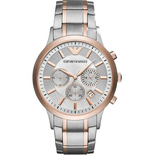 Emporio Armani AR11077 chronograph watch with grey dial and two-tone steel and rose gold case