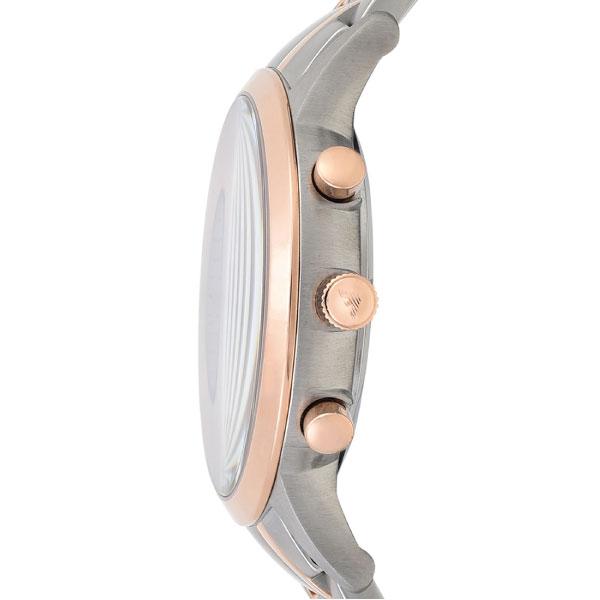 Side profile of Emporio Armani AR11077 with rose gold chronograph pushers and two-tone bracelet