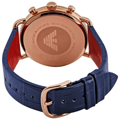 Rose gold case back with Emporio Armani logo and solid stainless steel engraving