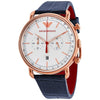 Emporio Armani Aviator chronograph watch with rose gold case, silver dial, and navy leather strap