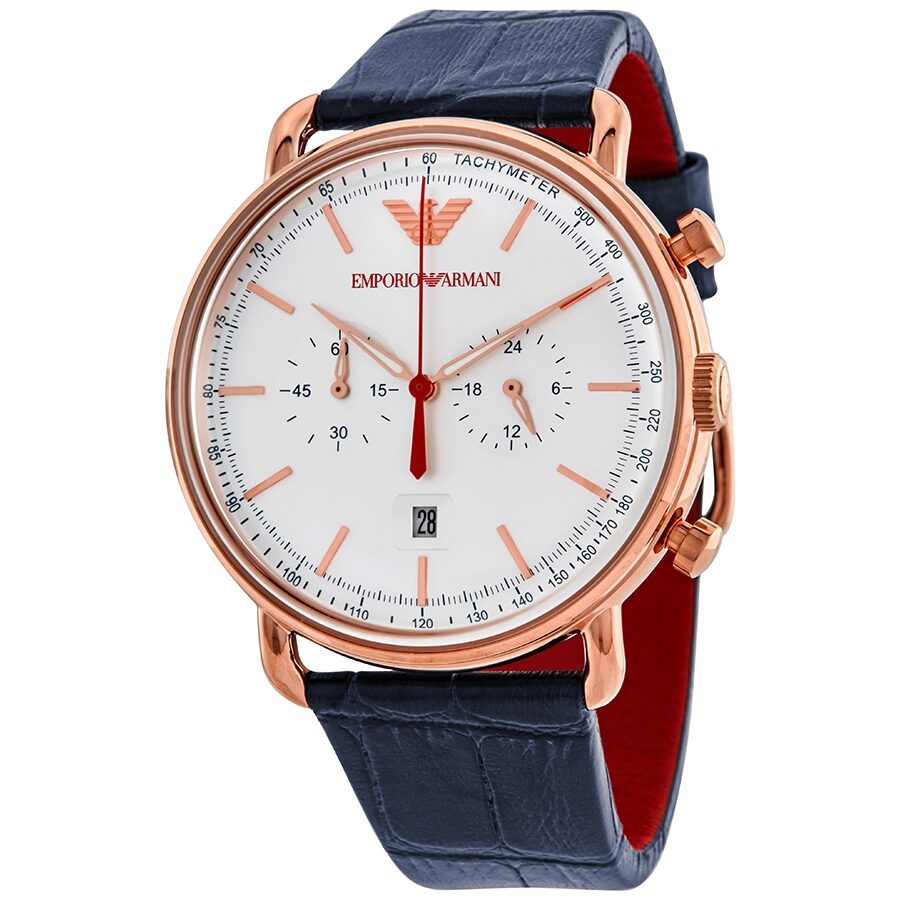 Emporio Armani Aviator chronograph watch with rose gold case, silver dial, and navy leather strap
