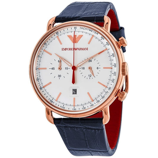 Emporio Armani Aviator chronograph watch with rose gold case, silver dial, and navy leather strap