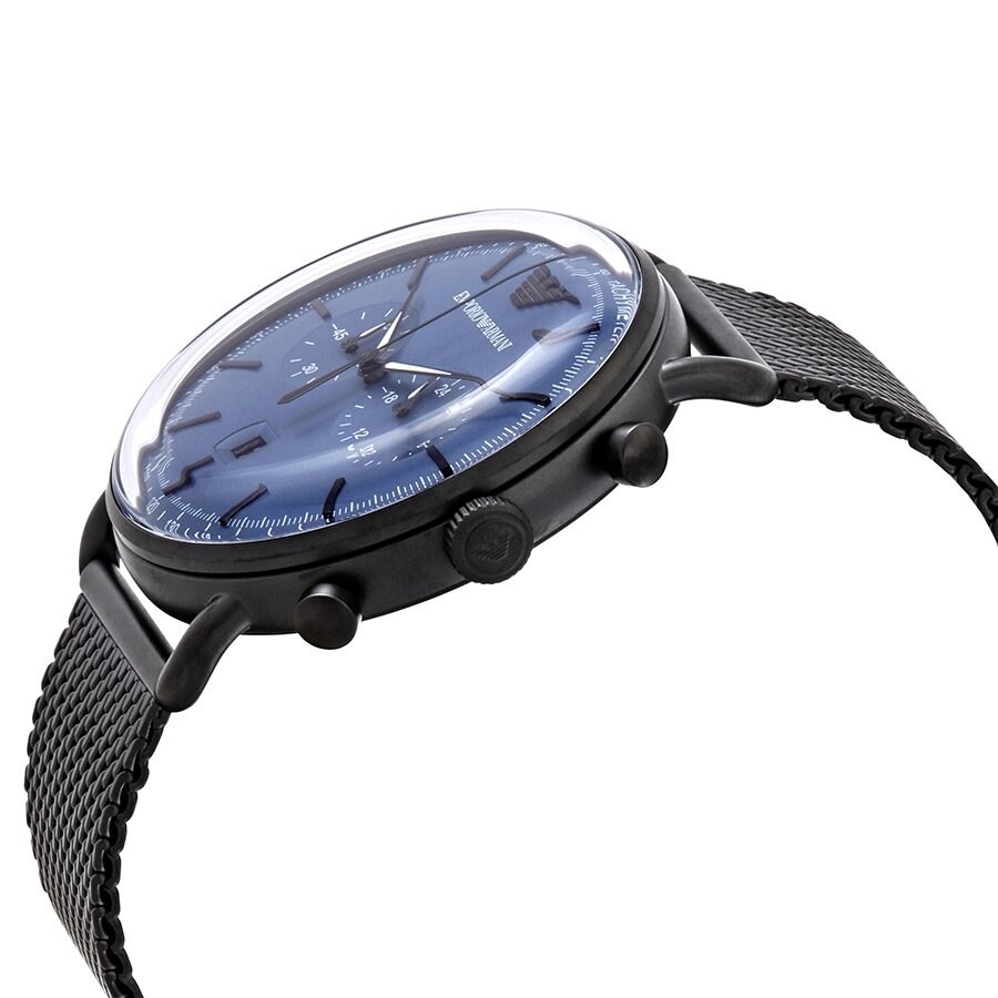 Side angle view of Emporio Armani AR11201 watch showing case profile and mesh band
