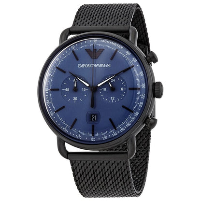 Emporio Armani AR11201 chronograph watch with blue dial and black mesh bracelet