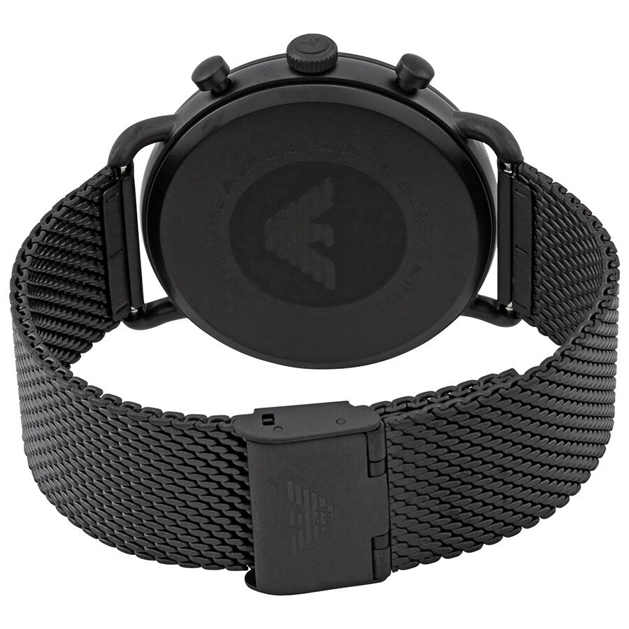 Case back of Emporio Armani AR11201 watch with black mesh bracelet visible