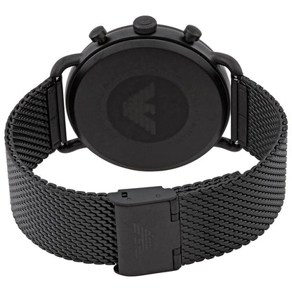 Case back of Emporio Armani AR11201 watch with black mesh bracelet visible