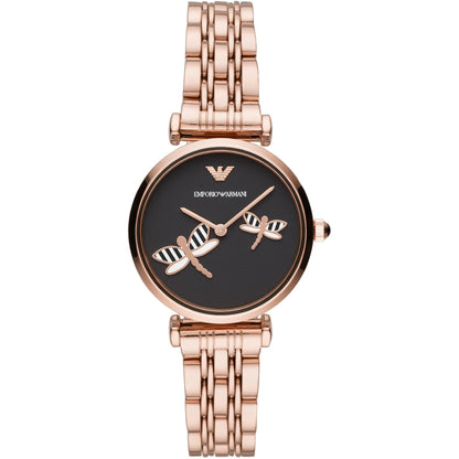 Emporio Armani Gianni T-Bar rose gold women's watch with black dial and butterfly design