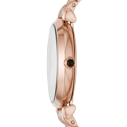 Emporio Armani AR11206 watch side view showing rose gold case and linked bracelet strap