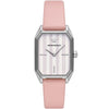 Emporio Armani AR11207 rectangular watch with silver case, white dial, and pink leather strap