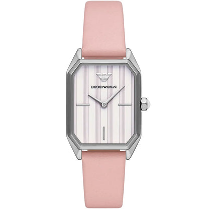 Emporio Armani AR11207 rectangular watch with silver case, white dial, and pink leather strap