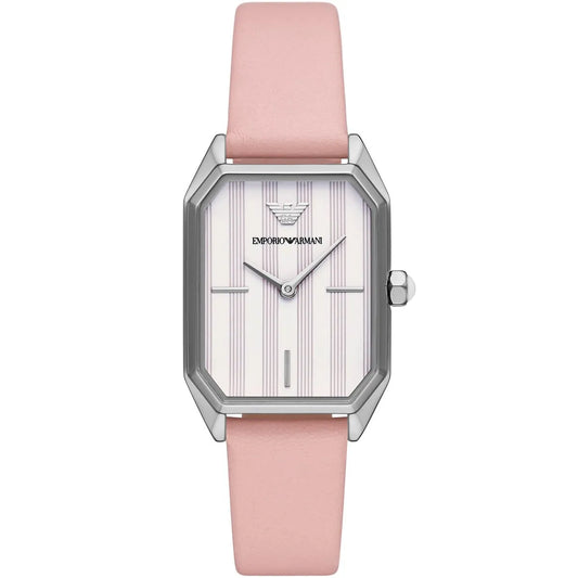 Emporio Armani AR11207 rectangular watch with silver case, white dial, and pink leather strap