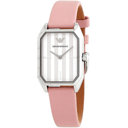 Side angle view of AR11207 watch showing pink leather strap with stainless steel buckle