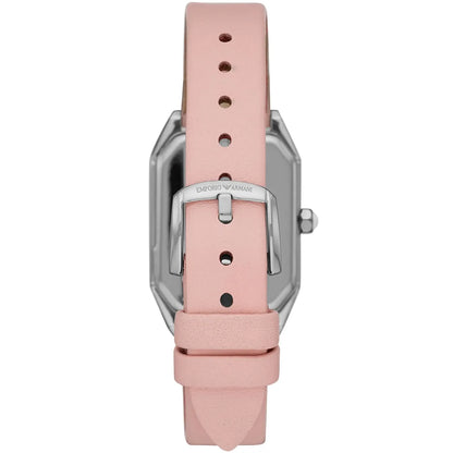 Close-up of pink genuine leather strap on AR11207 with adjustment holes and buckle