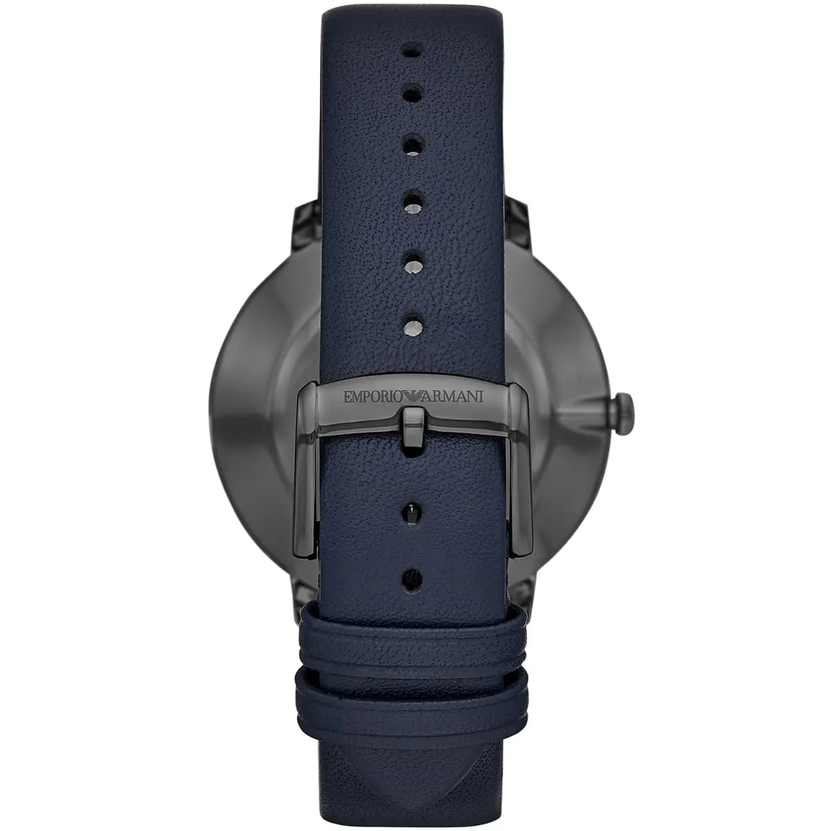 Back view of Emporio Armani AR11214 watch showing gray case and navy leather strap with buckle