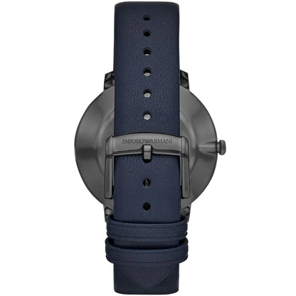 Back view of Emporio Armani AR11214 watch showing gray case and navy leather strap with buckle