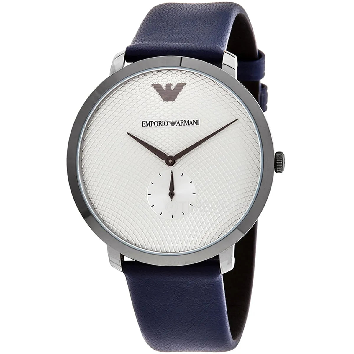 Angled view of Emporio Armani AR11214 watch showing silver dial with subdial and navy leather strap