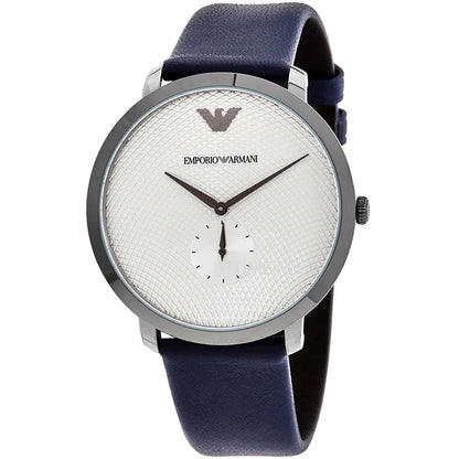 Angled view of Emporio Armani AR11214 watch showing silver dial with subdial and navy leather strap