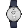 Emporio Armani AR11214 silver dial men's watch with navy leather strap and eagle logo